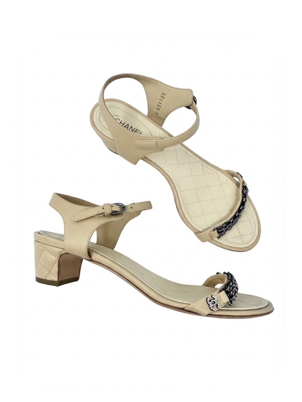 Chanel Nude Tan Beige Chain and Pearl Ankle Strap Quilted Heeled Sandals